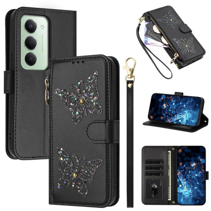 Funda para teléfono de piel vegana con cremallera y mariposa brillante, con correa para la muñeca., For Redmi 15a 5G Global, For Redmi Turbo 5 Max / Poco X8 Pro Max, For Redmi Turbo 5 / Poco X8 Pro 5G, For Redmi Note 15 Pro+ 5G Global 163.3mm          ...