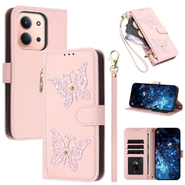 Funda para teléfono de piel vegana con cremallera y mariposa brillante, con correa para la muñeca., For Redmi 15a 5G Global, For Redmi Turbo 5 Max / Poco X8 Pro Max, For Redmi Turbo 5 / Poco X8 Pro 5G, For Redmi Note 15 Pro+ 5G Global 163.3mm          ...