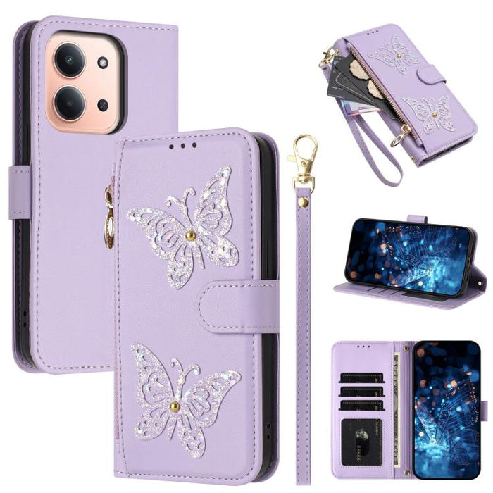 Funda para teléfono de piel vegana con cremallera y mariposa brillante, con correa para la muñeca., For Redmi 15a 5G Global, For Redmi Turbo 5 Max / Poco X8 Pro Max, For Redmi Turbo 5 / Poco X8 Pro 5G, For Redmi Note 15 Pro+ 5G Global 163.3mm          ...