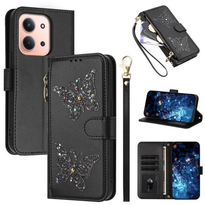 Funda para teléfono de piel vegana con cremallera y mariposa brillante, con correa para la muñeca., For Redmi 15a 5G Global, For Redmi Turbo 5 Max / Poco X8 Pro Max, For Redmi Turbo 5 / Poco X8 Pro 5G, For Redmi Note 15 Pro+ 5G Global 163.3mm          ...