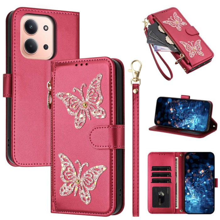 Funda para teléfono de piel vegana con cremallera y mariposa brillante, con correa para la muñeca., For Redmi 15a 5G Global, For Redmi Turbo 5 Max / Poco X8 Pro Max, For Redmi Turbo 5 / Poco X8 Pro 5G, For Redmi Note 15 Pro+ 5G Global 163.3mm          ...