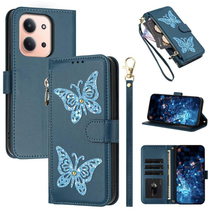 Funda para teléfono de piel vegana con cremallera y mariposa brillante, con correa para la muñeca., For Redmi 15a 5G Global, For Redmi Turbo 5 Max / Poco X8 Pro Max, For Redmi Turbo 5 / Poco X8 Pro 5G, For Redmi Note 15 Pro+ 5G Global 163.3mm          ...