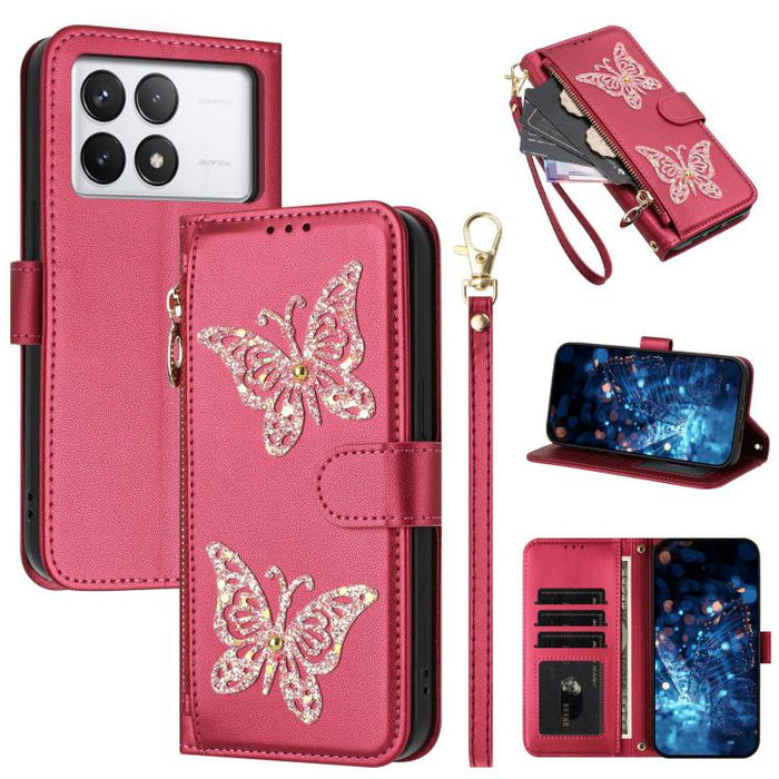 Funda para teléfono de piel vegana con cremallera y mariposa brillante, con correa para la muñeca., For Redmi Note 14S 4G Global, For Redmi K80 / K80 Pro, For Redmi Note 14 4G 164.84mm, For Redmi Note 14 Pro 5G, For Redmi Note 14 5G                    ...