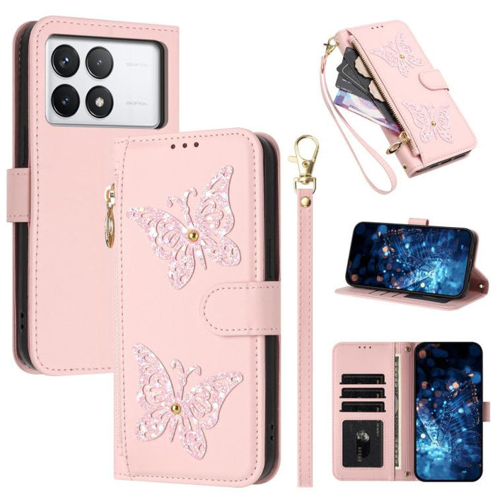 Funda para teléfono de piel vegana con cremallera y mariposa brillante, con correa para la muñeca., For Redmi Note 14S 4G Global, For Redmi K80 / K80 Pro, For Redmi Note 14 4G 164.84mm, For Redmi Note 14 Pro 5G, For Redmi Note 14 5G                    ...