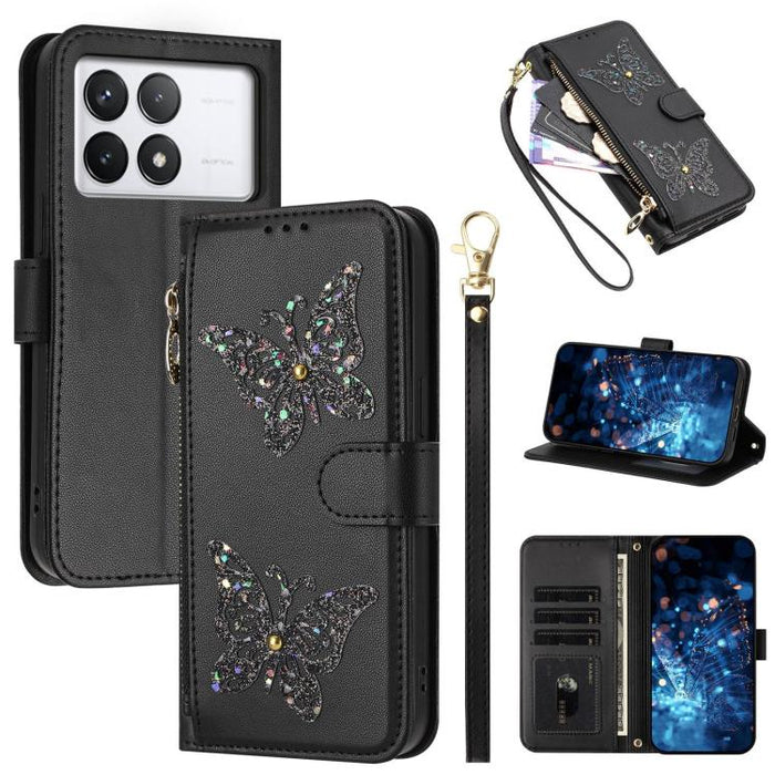 Funda para teléfono de piel vegana con cremallera y mariposa brillante, con correa para la muñeca., For Redmi Note 14S 4G Global, For Redmi K80 / K80 Pro, For Redmi Note 14 4G 164.84mm, For Redmi Note 14 Pro 5G, For Redmi Note 14 5G                    ...