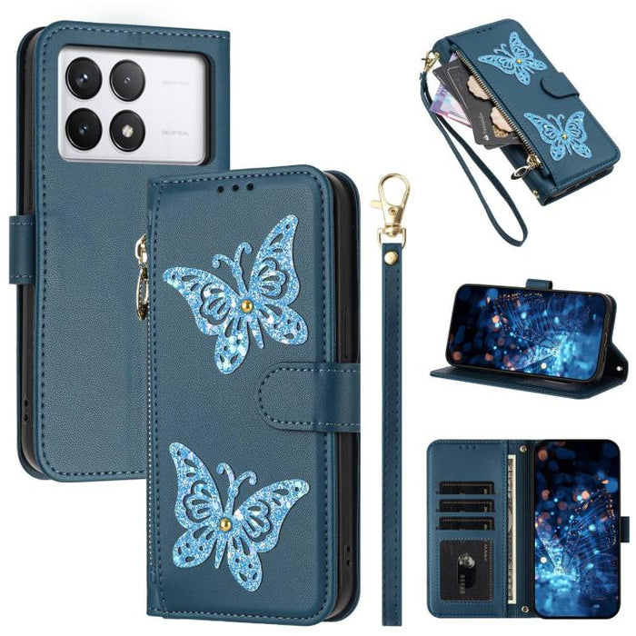 Funda para teléfono de piel vegana con cremallera y mariposa brillante, con correa para la muñeca., For Redmi Note 14S 4G Global, For Redmi K80 / K80 Pro, For Redmi Note 14 4G 164.84mm, For Redmi Note 14 Pro 5G, For Redmi Note 14 5G                    ...