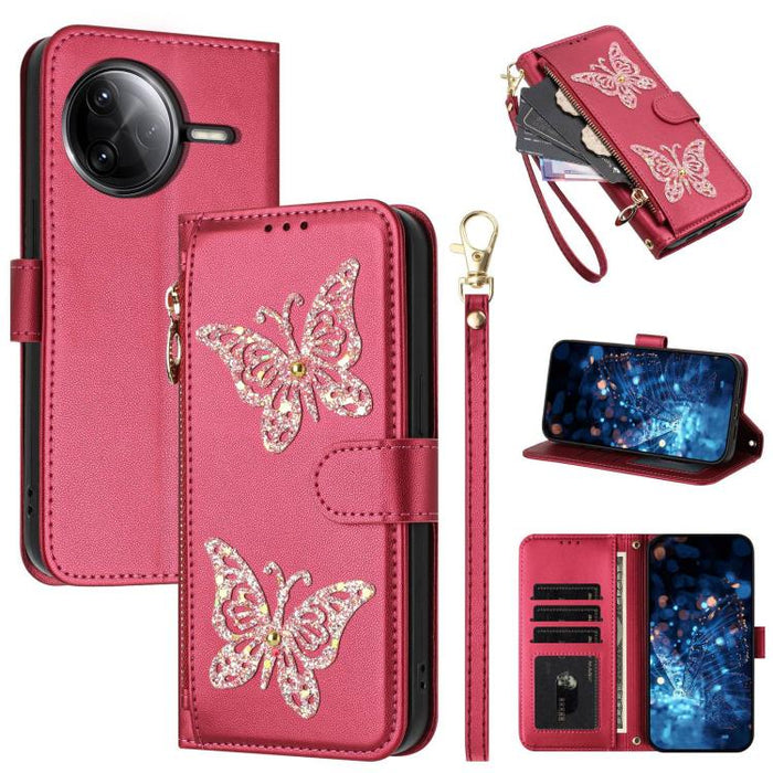 Funda para teléfono de piel vegana con cremallera y mariposa brillante, con correa para la muñeca., For Redmi Note 14S 4G Global, For Redmi K80 / K80 Pro, For Redmi Note 14 4G 164.84mm, For Redmi Note 14 Pro 5G, For Redmi Note 14 5G                    ...