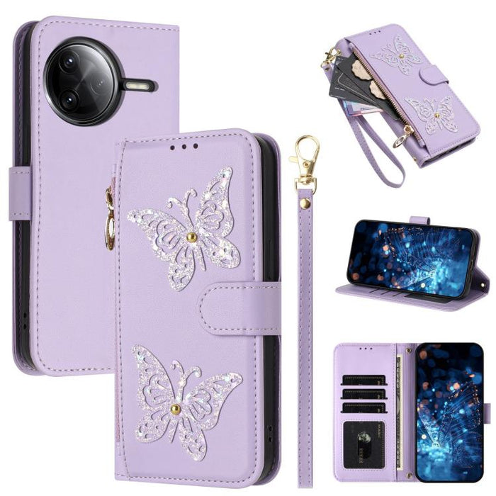 Funda para teléfono de piel vegana con cremallera y mariposa brillante, con correa para la muñeca., For Redmi Note 14S 4G Global, For Redmi K80 / K80 Pro, For Redmi Note 14 4G 164.84mm, For Redmi Note 14 Pro 5G, For Redmi Note 14 5G                    ...