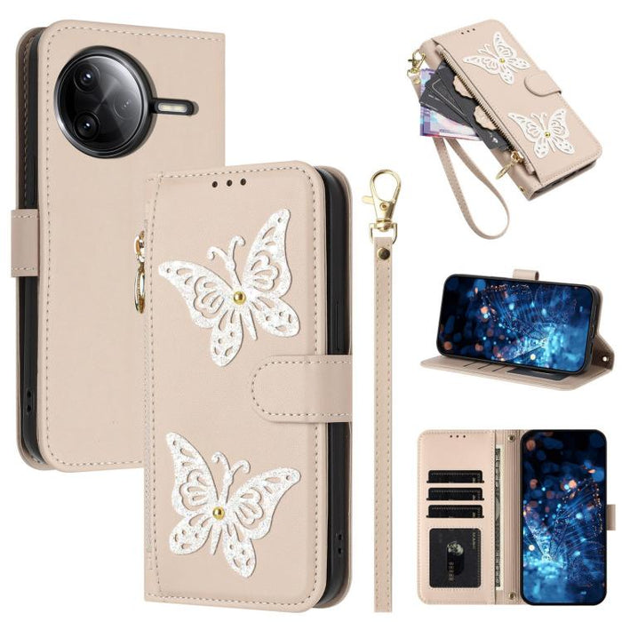Funda para teléfono de piel vegana con cremallera y mariposa brillante, con correa para la muñeca., For Redmi Note 14S 4G Global, For Redmi K80 / K80 Pro, For Redmi Note 14 4G 164.84mm, For Redmi Note 14 Pro 5G, For Redmi Note 14 5G                    ...