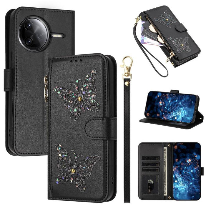 Funda para teléfono de piel vegana con cremallera y mariposa brillante, con correa para la muñeca., For Redmi Note 14S 4G Global, For Redmi K80 / K80 Pro, For Redmi Note 14 4G 164.84mm, For Redmi Note 14 Pro 5G, For Redmi Note 14 5G                    ...