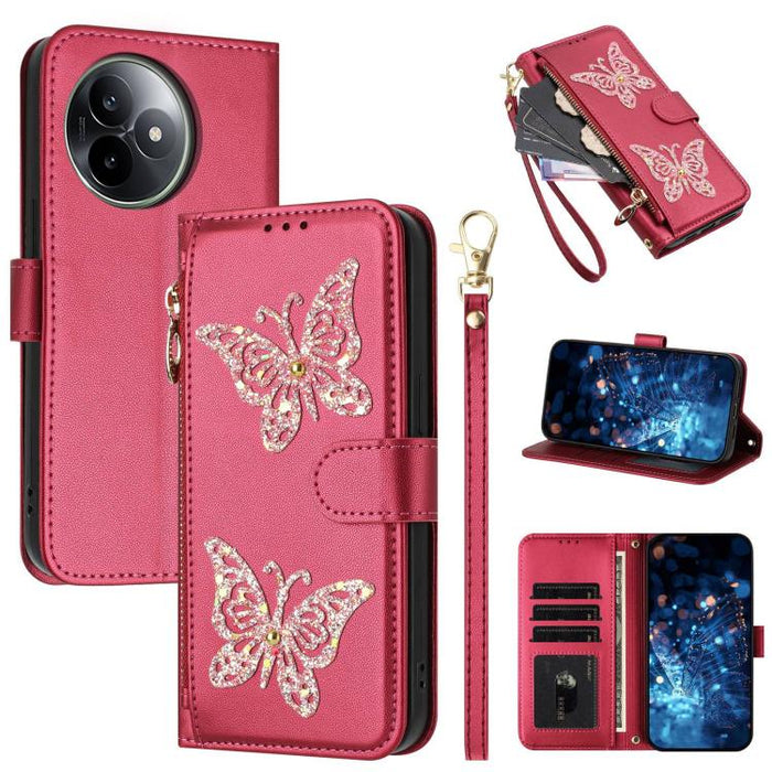 Funda para teléfono de piel vegana con cremallera y mariposa brillante, con correa para la muñeca., For Redmi 15a 5G Global, For Redmi Turbo 5 Max / Poco X8 Pro Max, For Redmi Turbo 5 / Poco X8 Pro 5G, For Redmi Note 15 Pro+ 5G Global 163.3mm          ...