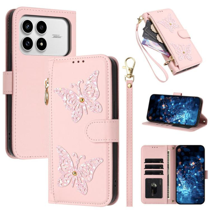Funda para teléfono de piel vegana con cremallera y mariposa brillante, con correa para la muñeca., For Redmi 15a 5G Global, For Redmi Turbo 5 Max / Poco X8 Pro Max, For Redmi Turbo 5 / Poco X8 Pro 5G, For Redmi Note 15 Pro+ 5G Global 163.3mm          ...