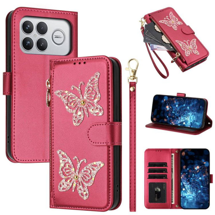 Funda para teléfono de piel vegana con cremallera y mariposa brillante, con correa para la muñeca., For Redmi 15a 5G Global, For Redmi Turbo 5 Max / Poco X8 Pro Max, For Redmi Turbo 5 / Poco X8 Pro 5G, For Redmi Note 15 Pro+ 5G Global 163.3mm          ...