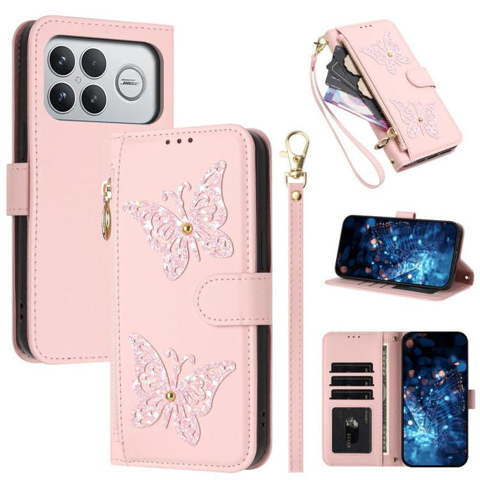 Funda para teléfono de piel vegana con cremallera y mariposa brillante, con correa para la muñeca., For Redmi 15a 5G Global, For Redmi Turbo 5 Max / Poco X8 Pro Max, For Redmi Turbo 5 / Poco X8 Pro 5G, For Redmi Note 15 Pro+ 5G Global 163.3mm          ...