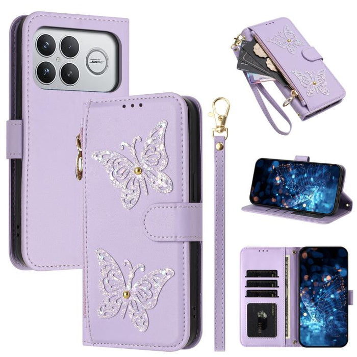 Funda para teléfono de piel vegana con cremallera y mariposa brillante, con correa para la muñeca., For Redmi 15a 5G Global, For Redmi Turbo 5 Max / Poco X8 Pro Max, For Redmi Turbo 5 / Poco X8 Pro 5G, For Redmi Note 15 Pro+ 5G Global 163.3mm          ...