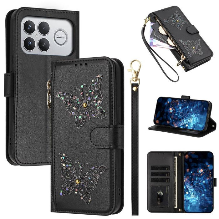 Funda para teléfono de piel vegana con cremallera y mariposa brillante, con correa para la muñeca., For Redmi 15a 5G Global, For Redmi Turbo 5 Max / Poco X8 Pro Max, For Redmi Turbo 5 / Poco X8 Pro 5G, For Redmi Note 15 Pro+ 5G Global 163.3mm          ...