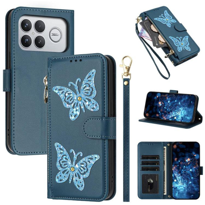Funda para teléfono de piel vegana con cremallera y mariposa brillante, con correa para la muñeca., For Redmi 15a 5G Global, For Redmi Turbo 5 Max / Poco X8 Pro Max, For Redmi Turbo 5 / Poco X8 Pro 5G, For Redmi Note 15 Pro+ 5G Global 163.3mm          ...