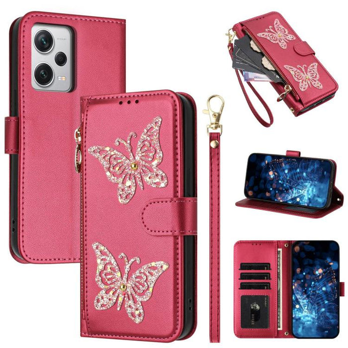 Funda para teléfono de piel vegana con cremallera y mariposa brillante, con correa para la muñeca., For Redmi 12C / 11A 4G Global, For Redmi Note 12 Pro+ Global, For Redmi Note 12 Pro 5G Global, For Redmi Note 12 5G Global