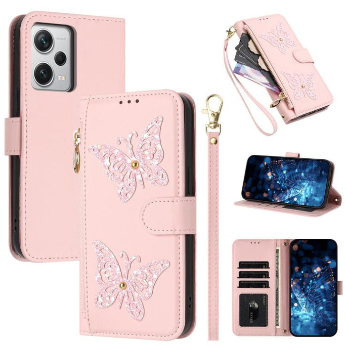 Funda para teléfono de piel vegana con cremallera y mariposa brillante, con correa para la muñeca., For Redmi 12C / 11A 4G Global, For Redmi Note 12 Pro+ Global, For Redmi Note 12 Pro 5G Global, For Redmi Note 12 5G Global