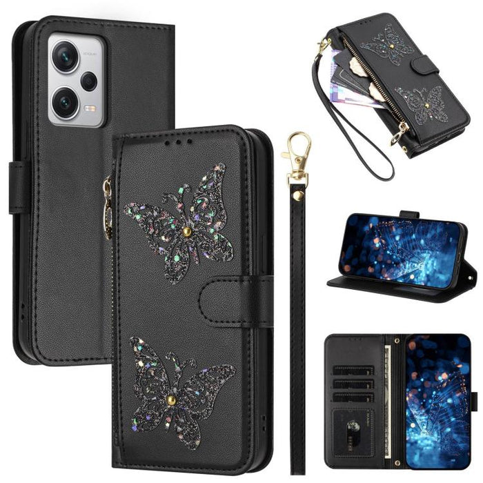 Funda para teléfono de piel vegana con cremallera y mariposa brillante, con correa para la muñeca., For Redmi 12C / 11A 4G Global, For Redmi Note 12 Pro+ Global, For Redmi Note 12 Pro 5G Global, For Redmi Note 12 5G Global