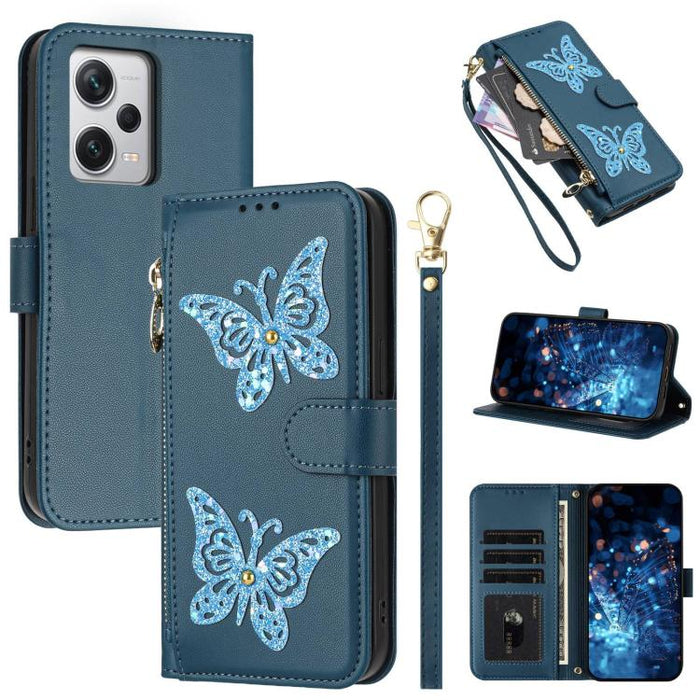 Funda para teléfono de piel vegana con cremallera y mariposa brillante, con correa para la muñeca., For Redmi 12C / 11A 4G Global, For Redmi Note 12 Pro+ Global, For Redmi Note 12 Pro 5G Global, For Redmi Note 12 5G Global