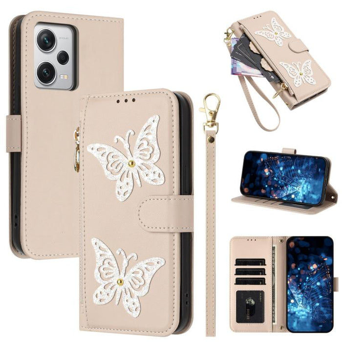 Funda para teléfono de piel vegana con cremallera y mariposa brillante, con correa para la muñeca., For Redmi 12C / 11A 4G Global, For Redmi Note 12 Pro+ Global, For Redmi Note 12 Pro 5G Global, For Redmi Note 12 5G Global