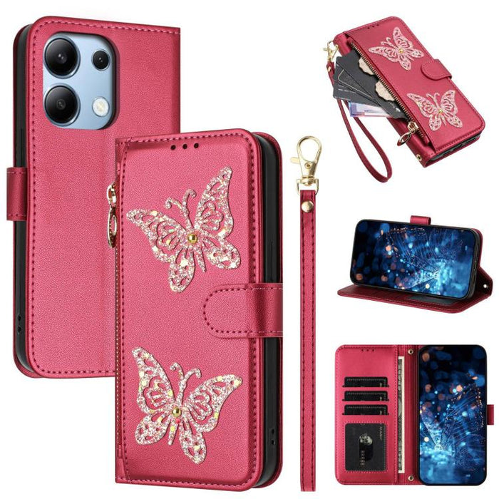 Funda para teléfono de piel vegana con cremallera y mariposa brillante, con correa para la muñeca., For Redmi Note 14S 4G Global, For Redmi K80 / K80 Pro, For Redmi Note 14 4G 164.84mm, For Redmi Note 14 Pro 5G, For Redmi Note 14 5G                    ...