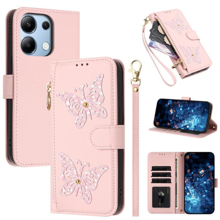 Funda para teléfono de piel vegana con cremallera y mariposa brillante, con correa para la muñeca., For Redmi Note 14S 4G Global, For Redmi K80 / K80 Pro, For Redmi Note 14 4G 164.84mm, For Redmi Note 14 Pro 5G, For Redmi Note 14 5G                    ...