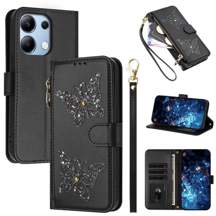 Funda para teléfono de piel vegana con cremallera y mariposa brillante, con correa para la muñeca., For Redmi Note 14S 4G Global, For Redmi K80 / K80 Pro, For Redmi Note 14 4G 164.84mm, For Redmi Note 14 Pro 5G, For Redmi Note 14 5G                    ...