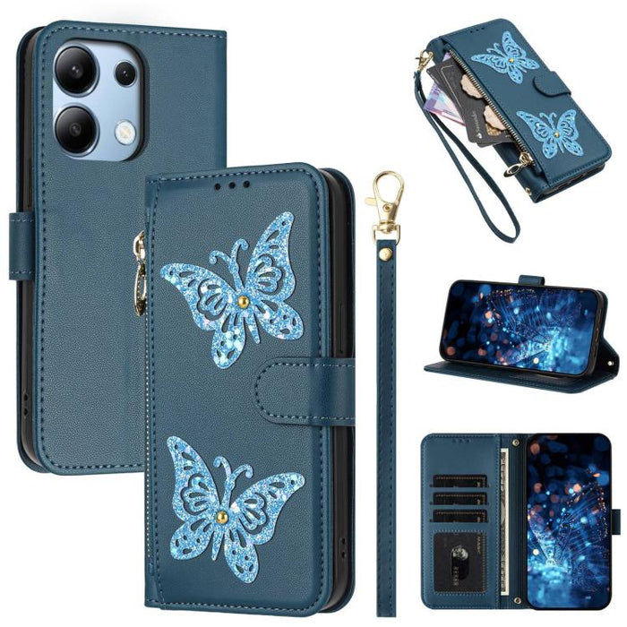 Funda para teléfono de piel vegana con cremallera y mariposa brillante, con correa para la muñeca., For Redmi Note 14S 4G Global, For Redmi K80 / K80 Pro, For Redmi Note 14 4G 164.84mm, For Redmi Note 14 Pro 5G, For Redmi Note 14 5G                    ...