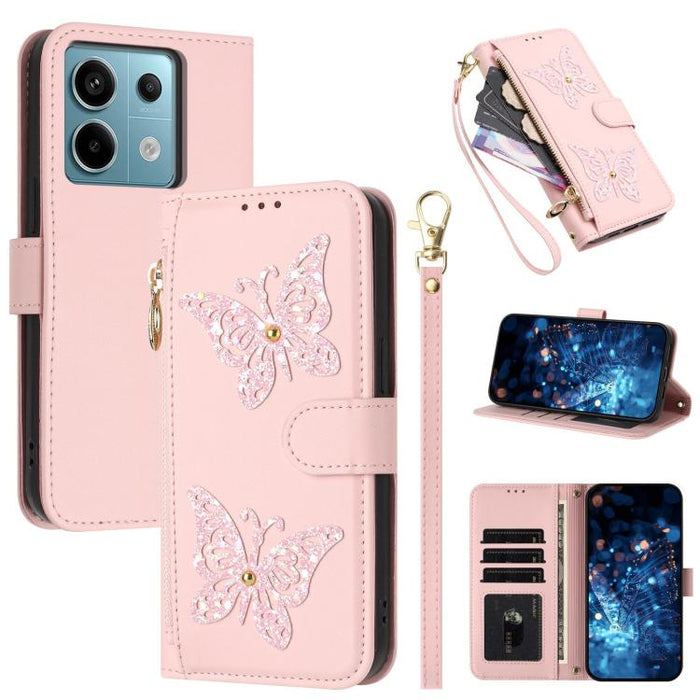 Funda para teléfono de piel vegana con cremallera y mariposa brillante, con correa para la muñeca., For Redmi Note 14S 4G Global, For Redmi K80 / K80 Pro, For Redmi Note 14 4G 164.84mm, For Redmi Note 14 Pro 5G, For Redmi Note 14 5G                    ...