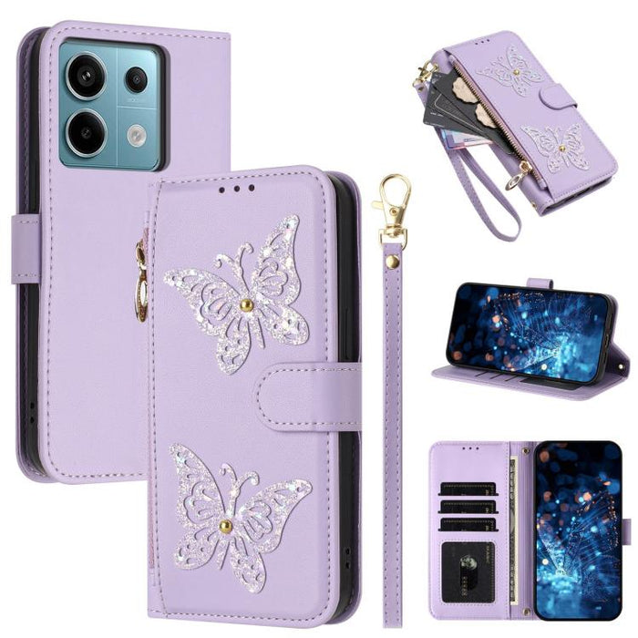 Funda para teléfono de piel vegana con cremallera y mariposa brillante, con correa para la muñeca., For Redmi Note 14S 4G Global, For Redmi K80 / K80 Pro, For Redmi Note 14 4G 164.84mm, For Redmi Note 14 Pro 5G, For Redmi Note 14 5G                    ...