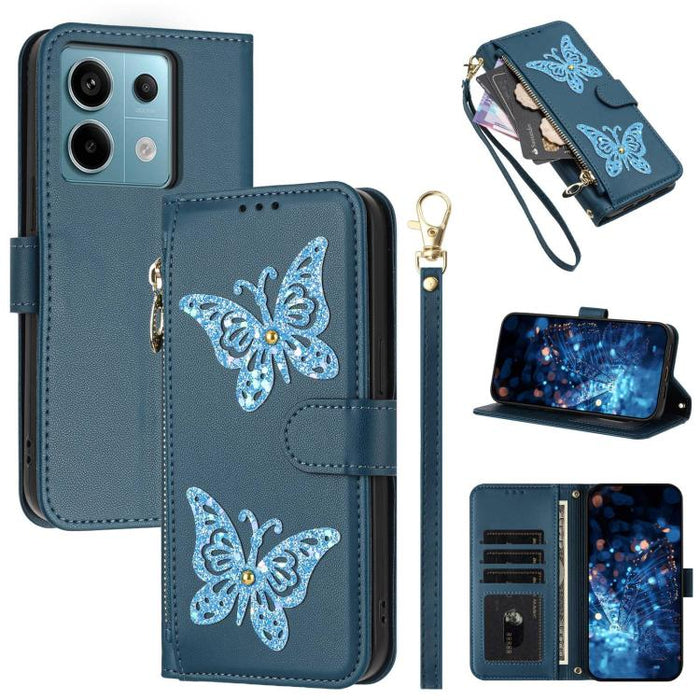 Funda para teléfono de piel vegana con cremallera y mariposa brillante, con correa para la muñeca., For Redmi Note 14S 4G Global, For Redmi K80 / K80 Pro, For Redmi Note 14 4G 164.84mm, For Redmi Note 14 Pro 5G, For Redmi Note 14 5G                    ...
