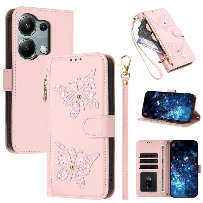 Funda para teléfono de piel vegana con cremallera y mariposa brillante, con correa para la muñeca., For Redmi 15a 5G Global, For Redmi Turbo 5 Max / Poco X8 Pro Max, For Redmi Turbo 5 / Poco X8 Pro 5G, For Redmi Note 15 Pro+ 5G Global 163.3mm          ...