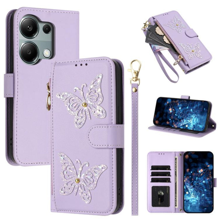 Funda para teléfono de piel vegana con cremallera y mariposa brillante, con correa para la muñeca., For Redmi 15a 5G Global, For Redmi Turbo 5 Max / Poco X8 Pro Max, For Redmi Turbo 5 / Poco X8 Pro 5G, For Redmi Note 15 Pro+ 5G Global 163.3mm          ...