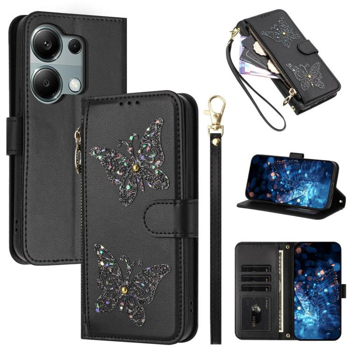 Funda para teléfono de piel vegana con cremallera y mariposa brillante, con correa para la muñeca., For Redmi 15a 5G Global, For Redmi Turbo 5 Max / Poco X8 Pro Max, For Redmi Turbo 5 / Poco X8 Pro 5G, For Redmi Note 15 Pro+ 5G Global 163.3mm          ...