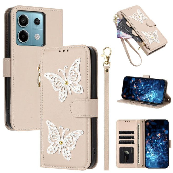 Funda para teléfono de piel vegana con cremallera y mariposa brillante, con correa para la muñeca., For Redmi Note 14S 4G Global, For Redmi K80 / K80 Pro, For Redmi Note 14 4G 164.84mm, For Redmi Note 14 Pro 5G, For Redmi Note 14 5G                    ...