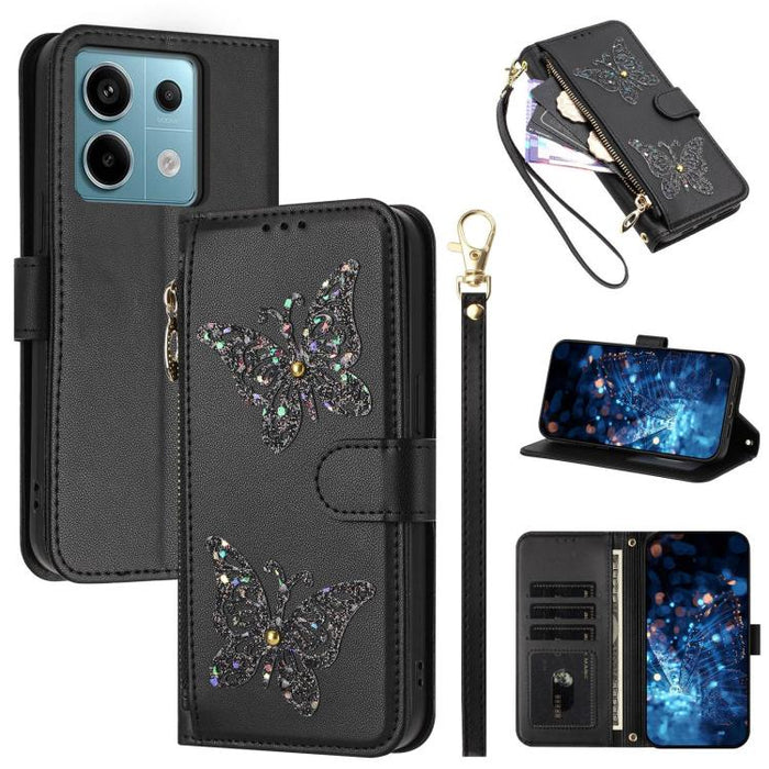 Funda para teléfono de piel vegana con cremallera y mariposa brillante, con correa para la muñeca., For Redmi Note 14S 4G Global, For Redmi K80 / K80 Pro, For Redmi Note 14 4G 164.84mm, For Redmi Note 14 Pro 5G, For Redmi Note 14 5G                    ...