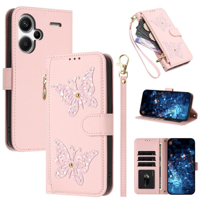 Funda para teléfono de piel vegana con cremallera y mariposa brillante, con correa para la muñeca., For Redmi Note 14S 4G Global, For Redmi K80 / K80 Pro, For Redmi Note 14 4G 164.84mm, For Redmi Note 14 Pro 5G, For Redmi Note 14 5G                    ...