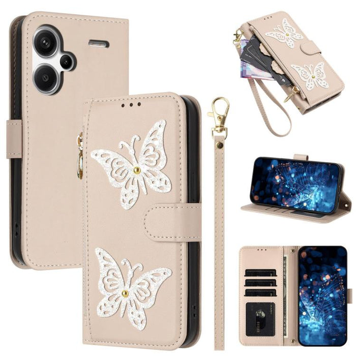 Funda para teléfono de piel vegana con cremallera y mariposa brillante, con correa para la muñeca., For Redmi Note 14S 4G Global, For Redmi K80 / K80 Pro, For Redmi Note 14 4G 164.84mm, For Redmi Note 14 Pro 5G, For Redmi Note 14 5G                    ...