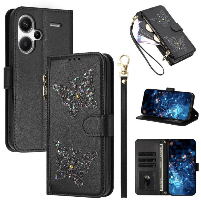 Funda para teléfono de piel vegana con cremallera y mariposa brillante, con correa para la muñeca., For Redmi Note 14S 4G Global, For Redmi K80 / K80 Pro, For Redmi Note 14 4G 164.84mm, For Redmi Note 14 Pro 5G, For Redmi Note 14 5G                    ...