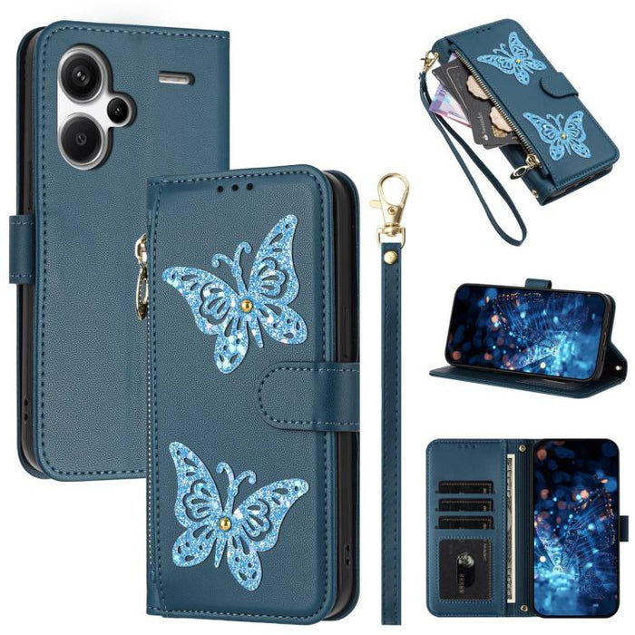 Funda para teléfono de piel vegana con cremallera y mariposa brillante, con correa para la muñeca., For Redmi Note 14S 4G Global, For Redmi K80 / K80 Pro, For Redmi Note 14 4G 164.84mm, For Redmi Note 14 Pro 5G, For Redmi Note 14 5G                    ...