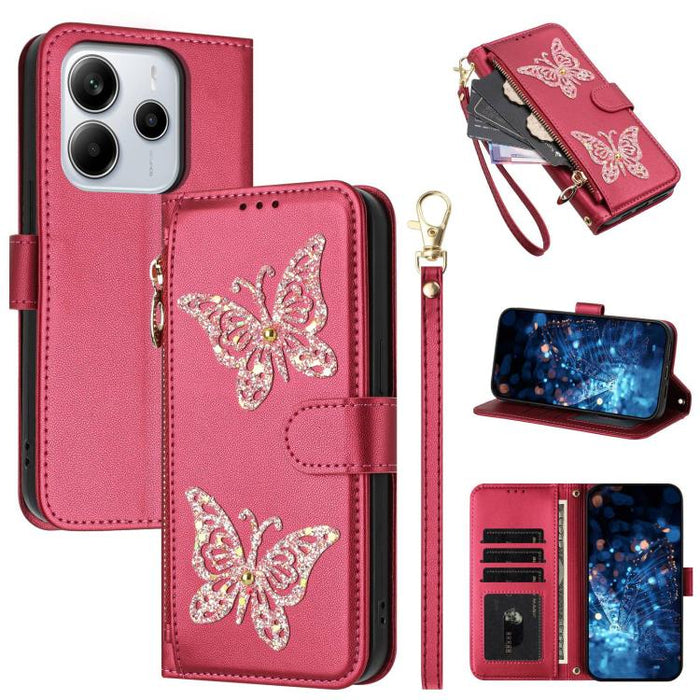 Funda para teléfono de piel vegana con cremallera y mariposa brillante, con correa para la muñeca., For Redmi Note 14S 4G Global, For Redmi K80 / K80 Pro, For Redmi Note 14 4G 164.84mm, For Redmi Note 14 Pro 5G, For Redmi Note 14 5G                    ...