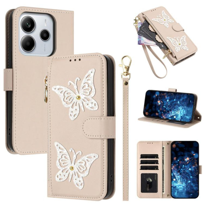 Funda para teléfono de piel vegana con cremallera y mariposa brillante, con correa para la muñeca., For Redmi Note 14S 4G Global, For Redmi K80 / K80 Pro, For Redmi Note 14 4G 164.84mm, For Redmi Note 14 Pro 5G, For Redmi Note 14 5G                    ...