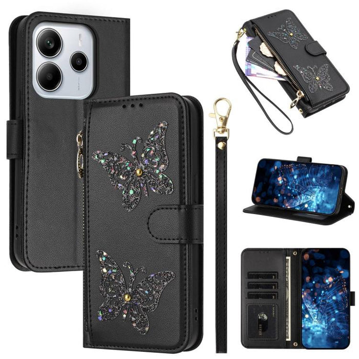 Funda para teléfono de piel vegana con cremallera y mariposa brillante, con correa para la muñeca., For Redmi Note 14S 4G Global, For Redmi K80 / K80 Pro, For Redmi Note 14 4G 164.84mm, For Redmi Note 14 Pro 5G, For Redmi Note 14 5G                    ...