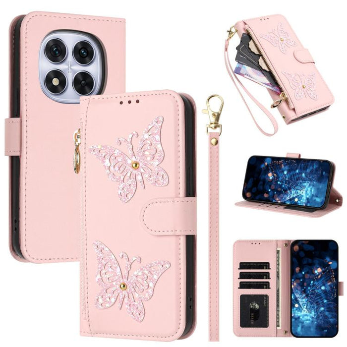 Funda para teléfono de piel vegana con cremallera y mariposa brillante, con correa para la muñeca., For Redmi Note 14S 4G Global, For Redmi K80 / K80 Pro, For Redmi Note 14 4G 164.84mm, For Redmi Note 14 Pro 5G, For Redmi Note 14 5G                    ...