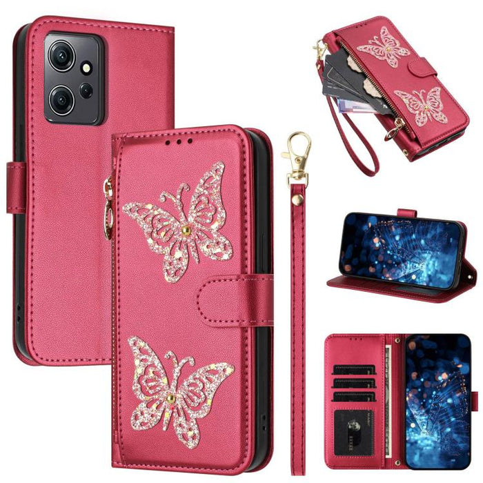 Funda para teléfono de piel vegana con cremallera y mariposa brillante, con correa para la muñeca., For Redmi Note 14S 4G Global, For Redmi K80 / K80 Pro, For Redmi Note 14 4G 164.84mm, For Redmi Note 14 Pro 5G, For Redmi Note 14 5G                    ...