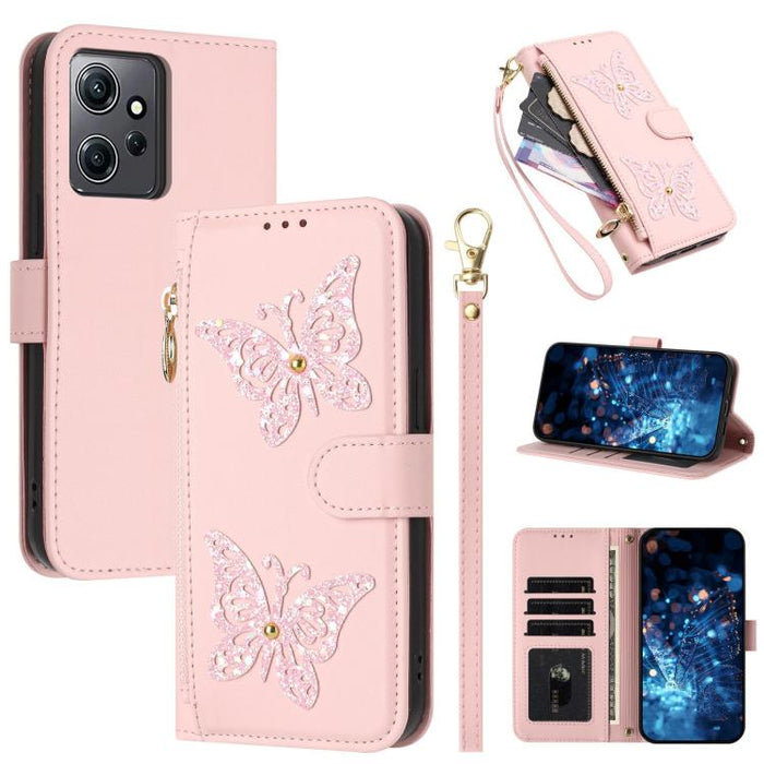 Funda para teléfono de piel vegana con cremallera y mariposa brillante, con correa para la muñeca., For Redmi Note 14S 4G Global, For Redmi K80 / K80 Pro, For Redmi Note 14 4G 164.84mm, For Redmi Note 14 Pro 5G, For Redmi Note 14 5G                    ...