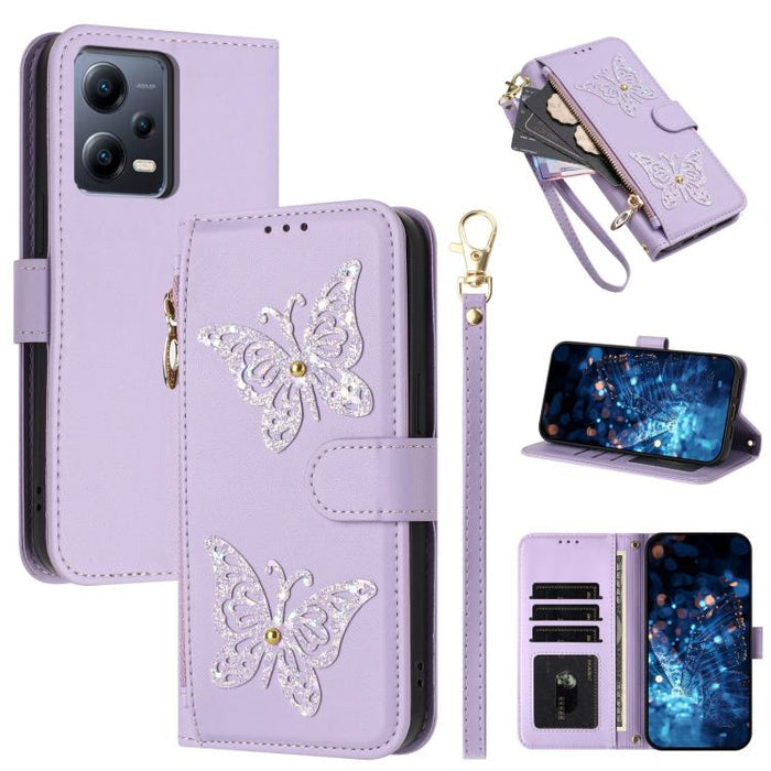 Funda para teléfono de piel vegana con cremallera y mariposa brillante, con correa para la muñeca., For Redmi 12C / 11A 4G Global, For Redmi Note 12 Pro+ Global, For Redmi Note 12 Pro 5G Global, For Redmi Note 12 5G Global