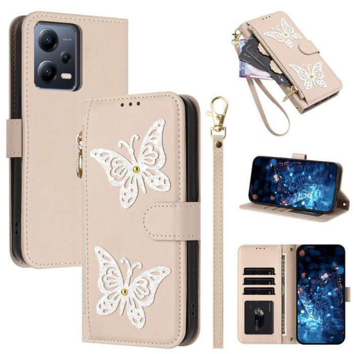 Funda para teléfono de piel vegana con cremallera y mariposa brillante, con correa para la muñeca., For Redmi 12C / 11A 4G Global, For Redmi Note 12 Pro+ Global, For Redmi Note 12 Pro 5G Global, For Redmi Note 12 5G Global